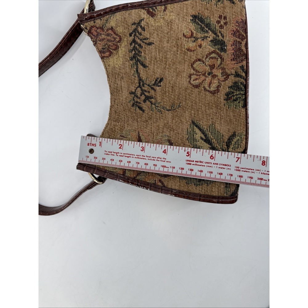 Liz Claiborne Brown & Lt Tan Floral Tapestry Fabric Leather Trim Gold Thread - Picture 6 of 7